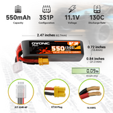 Lot de 4 batteries LiPo Ovonic 130C 550mAh 3S 11,1V avec prise XT30 pour drone FPV sans balais Torrent 110 BetaPFV Beta 85X